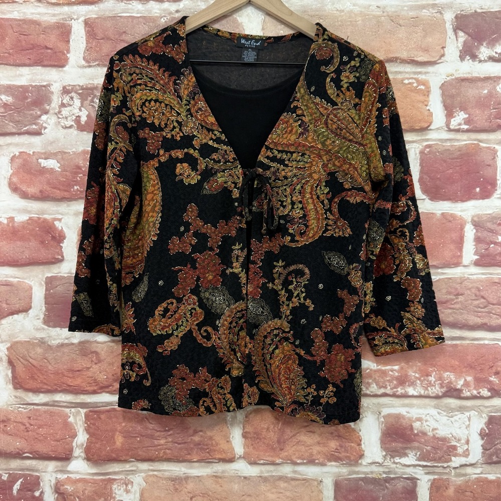 West End Top Women's PL Black Multicolor Boho Paisley Shirt Slinky Combo Shirt